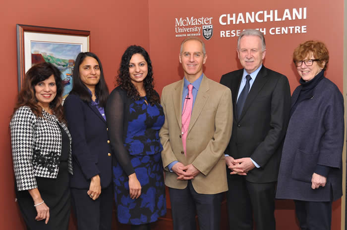 Dr Dariush Mozaffarian with Jaya Chanchlani, Sonia Anand, Tina Chanchlani, Paul O'Byrne, and Andrea Bauman at the Chanchlani research centre, before the lecture and award presentation.